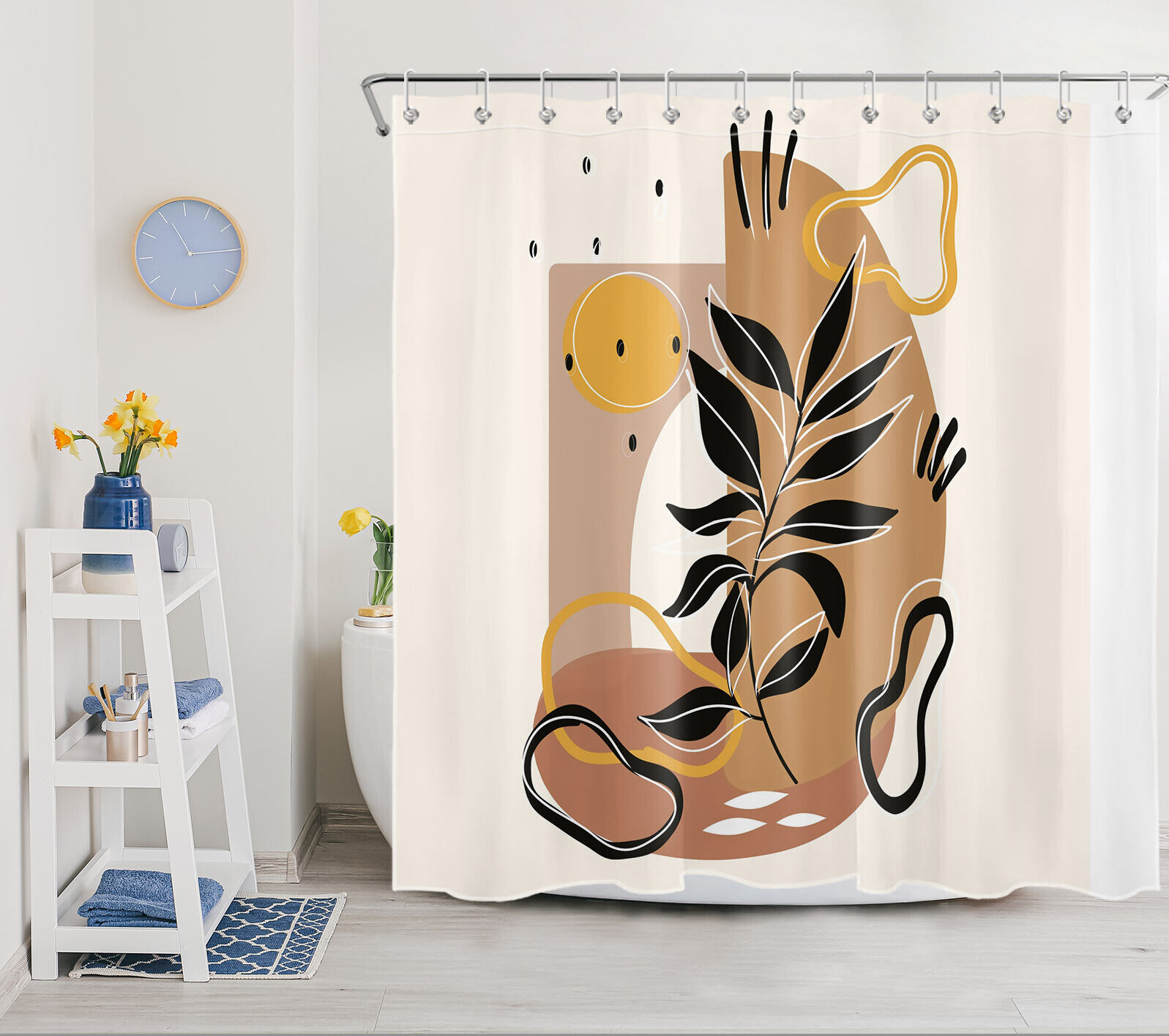 Geometric Print Shower Curtain - Black Leaf Abstract Pattern Bathroom Curtain - Image 2