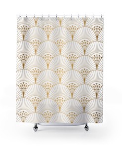 Geometric Print Shower Curtain, Vintage Peacock Fan Pattern In White & Gold, Fresh Modern Bathroom Decor