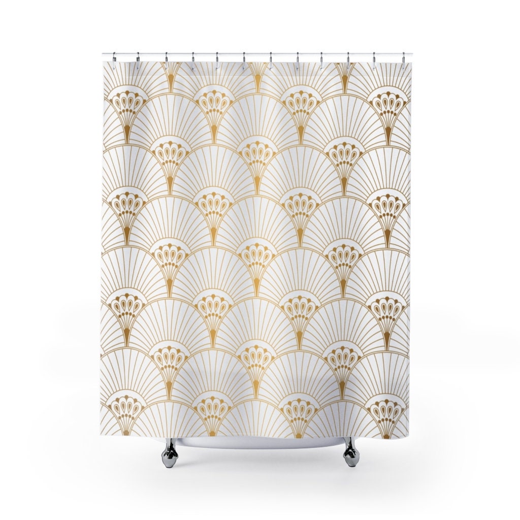 Geometric Print Shower Curtain, Vintage Peacock Fan Pattern In White & Gold, Fresh Modern Bathroom Decor