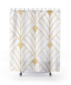 Geometric Print Shower Curtain, Vintage Style Abstract Diamond Pattern In White & Gold, Modern Bathroom Decor