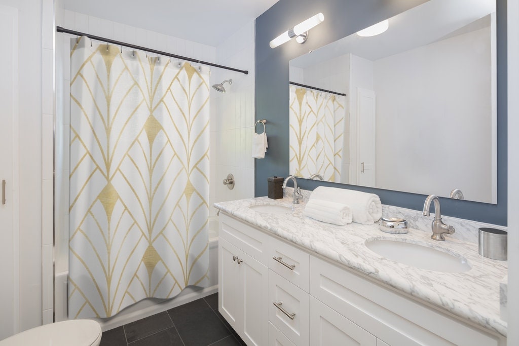 Geometric Print Shower Curtain, Vintage Style Abstract Diamond Pattern In White & Gold, Modern Bathroom Decor - Image 2