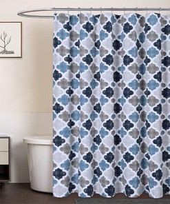 Geometric Quatrefoil Pattern Shower Curtain With Navy/Blue/Grey Color Scheme
