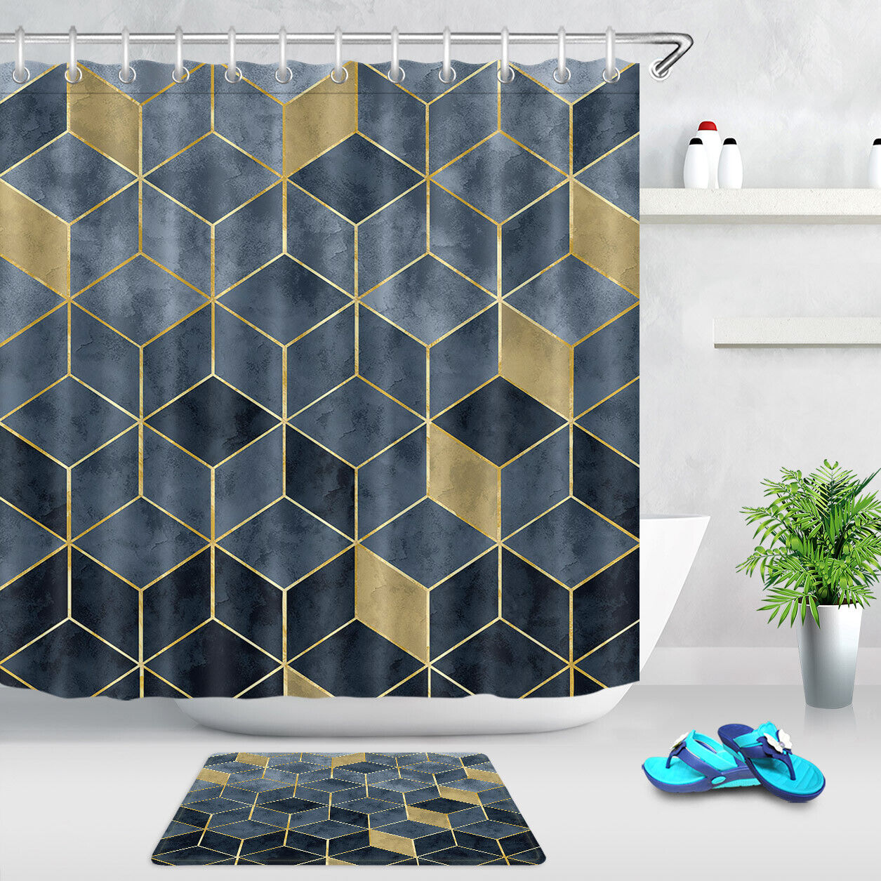 Geometric Shape Patterns Shower Curtain For Modern Bathroom Decor