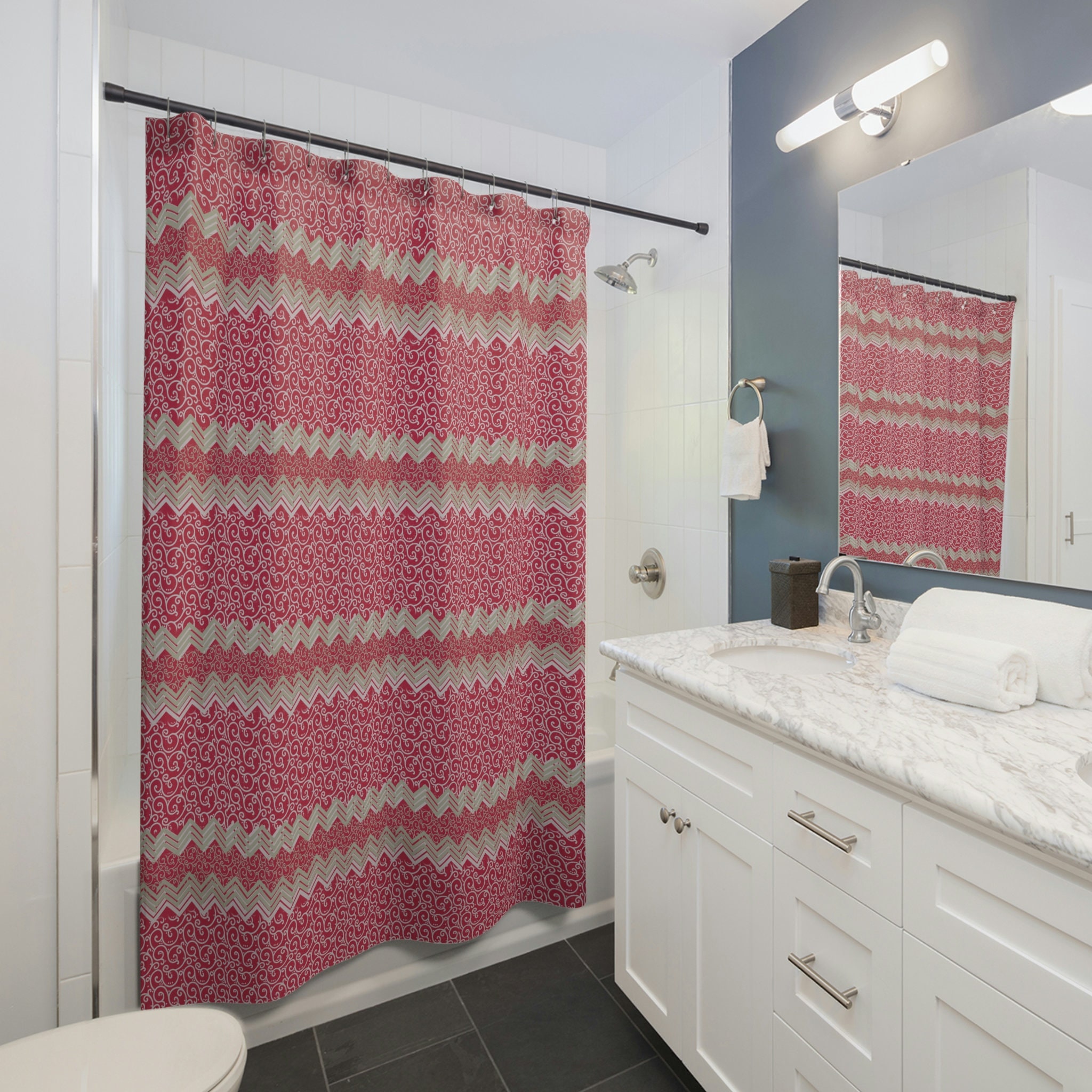 Geometric Shower Curtain in Vibrant Magenta - Refreshing Spun Design Perfect for Housewarming and Bathroom Gifts.