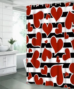 Geometric Stripe Love Shower Curtain | Valentine Black White Romantic Fabric Bathroom Decor