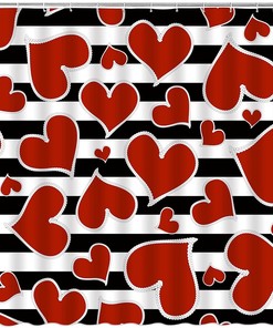 Geometric Stripe Love Shower Curtain | Valentine Black White Romantic Fabric Bathroom Decor