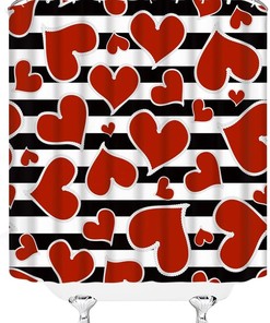 Geometric Stripe Love Shower Curtain | Valentine Black White Romantic Fabric Bathroom Decor