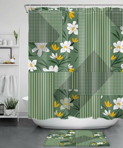 Geometric Stripes Green Shower Curtain with White Flowers - Modern and Stylish Bathroom Decor