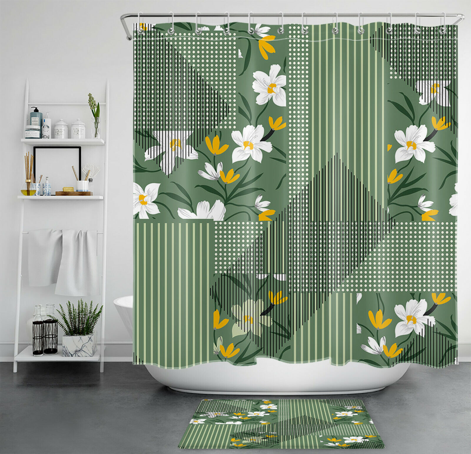 Geometric Stripes Green Shower Curtain with White Flowers - Modern and Stylish Bathroom Decor