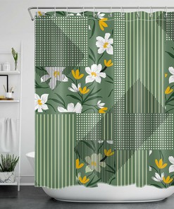 Geometric Stripes Green Shower Curtain with White Flowers - Modern and Stylish Bathroom Decor