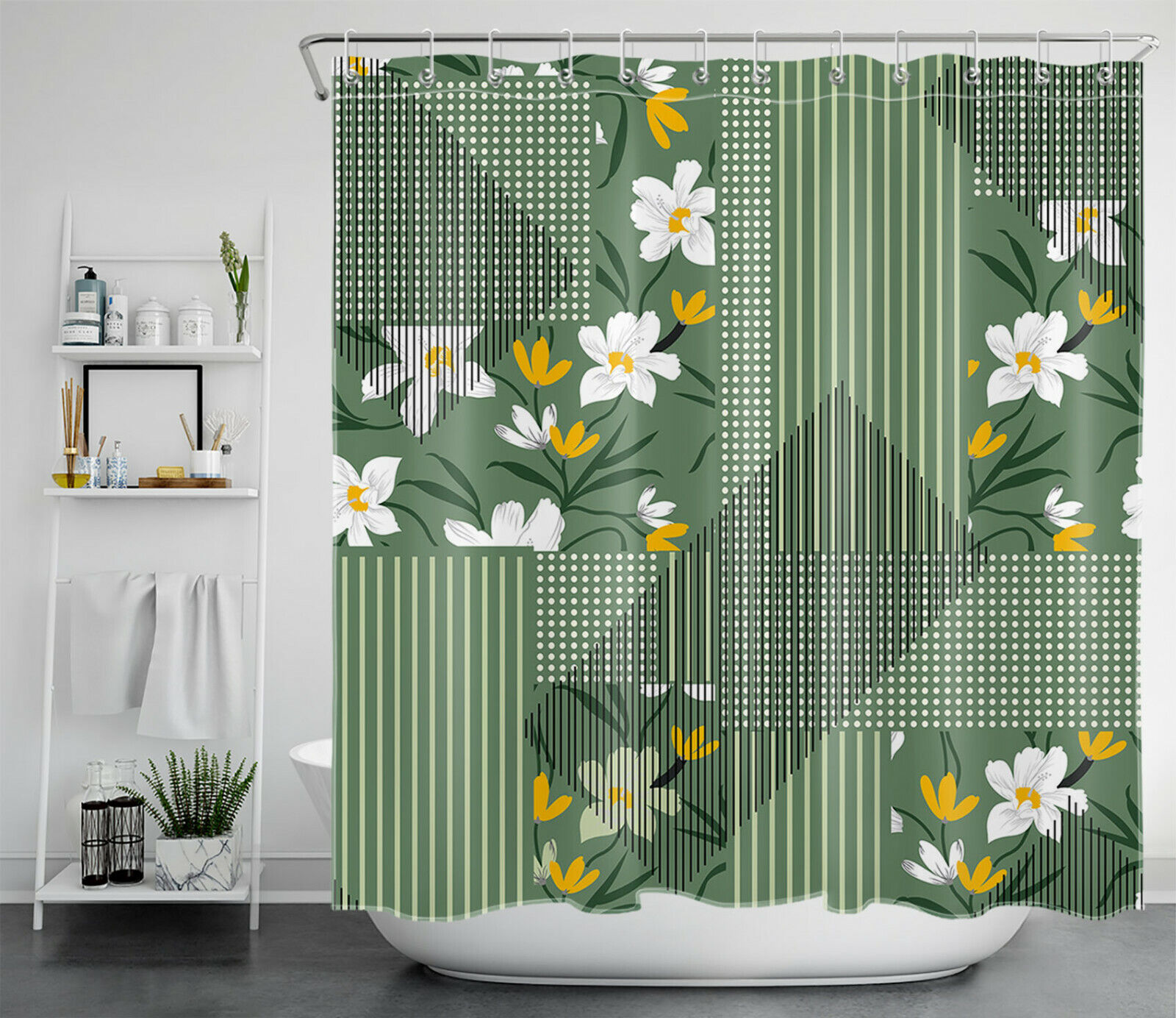 Geometric Stripes Green Shower Curtain with White Flowers - Modern and Stylish Bathroom Decor