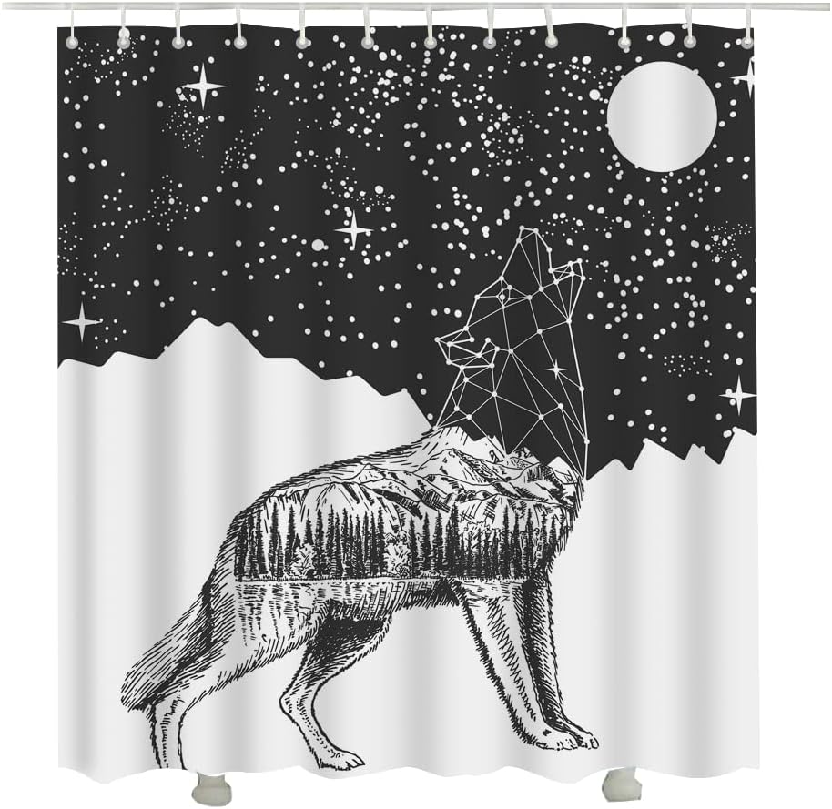 Geometric Wolf Head Moon Night Sky Galaxy Wolf Shower Curtain for Bathroom Decor