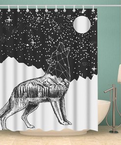 Geometric Wolf Head Moon Night Sky Galaxy Wolf Shower Curtain for Bathroom Decor