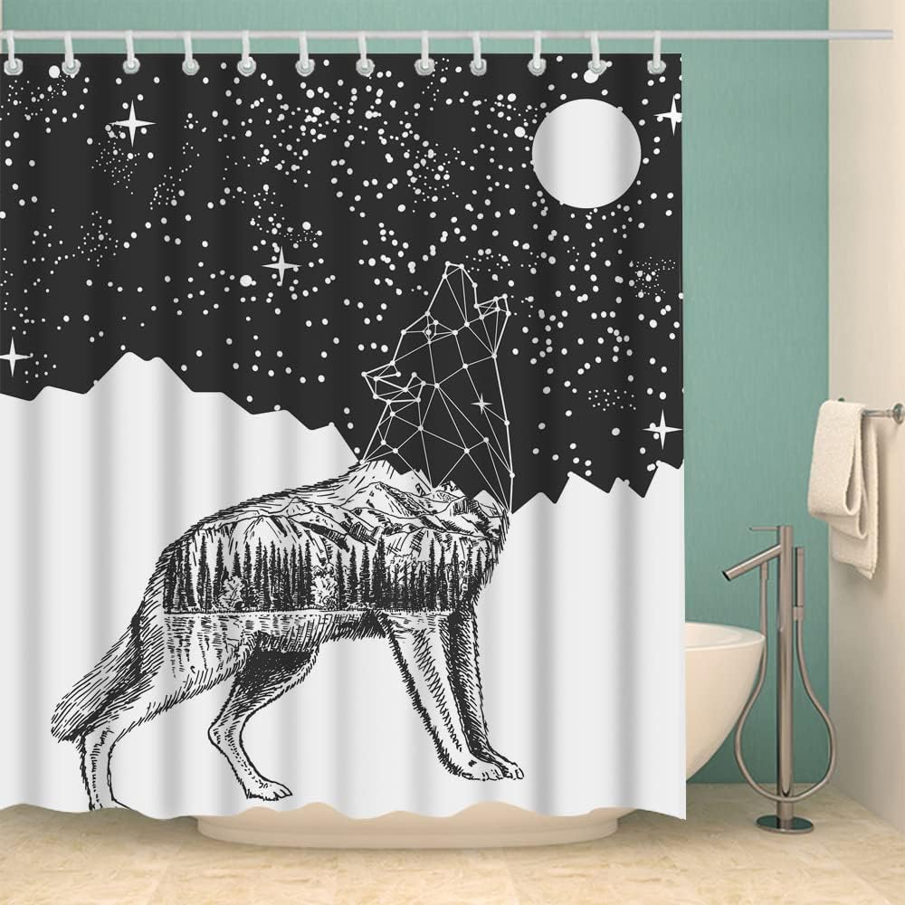 Geometric Wolf Head Moon Night Sky Galaxy Wolf Shower Curtain for Bathroom Decor