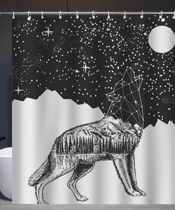 Geometric Wolf Head Moon Night Sky Galaxy Wolf Shower Curtain for Bathroom Decor