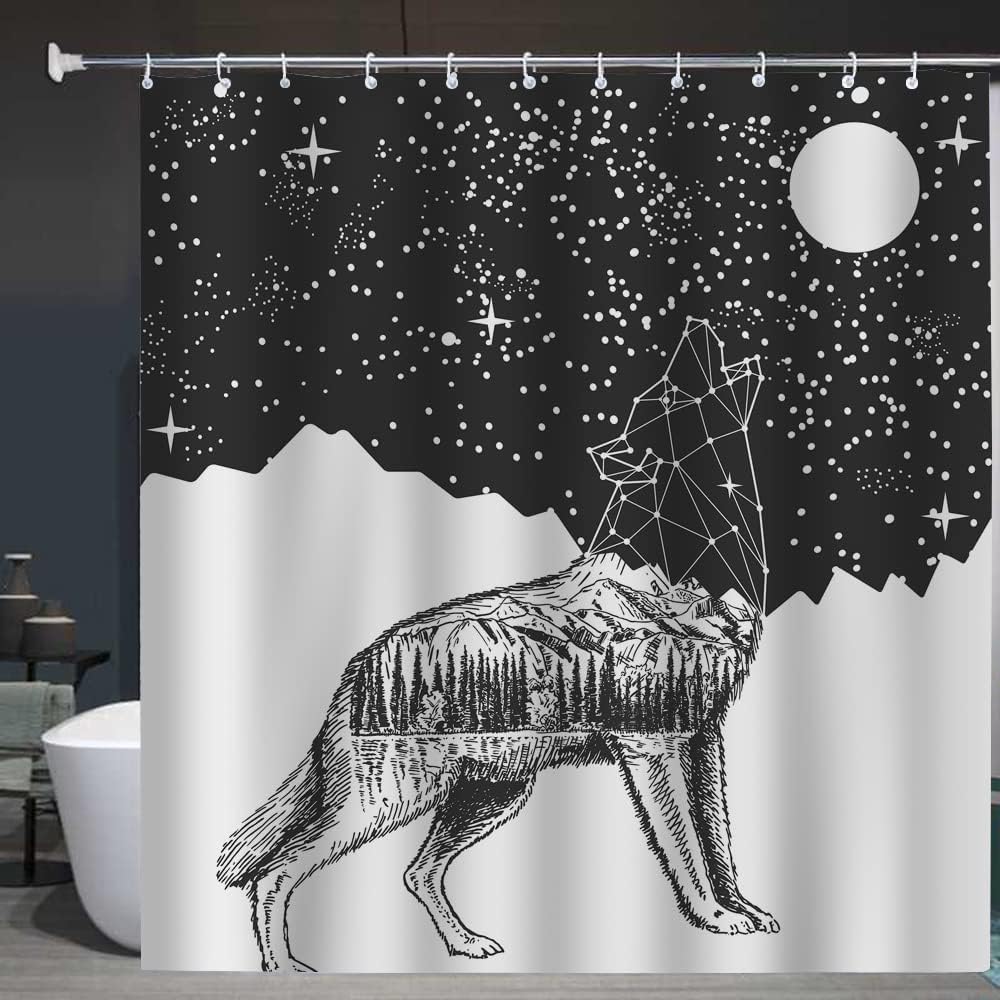 Geometric Wolf Head Moon Night Sky Galaxy Wolf Shower Curtain for Bathroom Decor