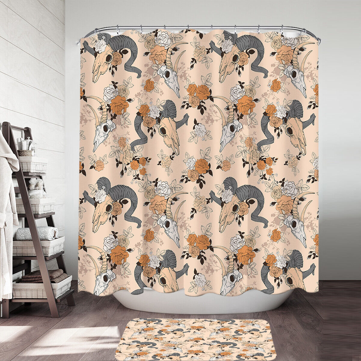 Get A Little Spooky With This Floral Goat Skulls Shower Curtain