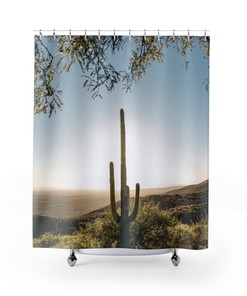 Get A Pop Of Blue With This Saguaro Cactus Desert Bathroom Shower Curtain