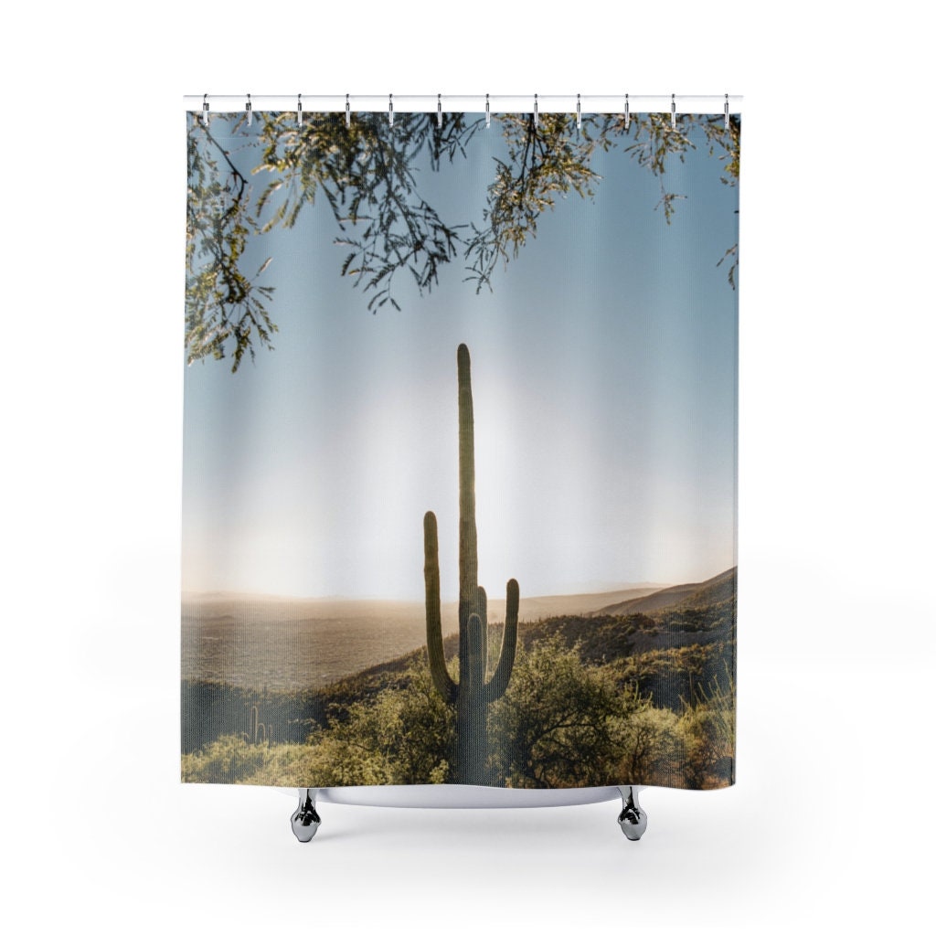 Get A Pop Of Blue With This Saguaro Cactus Desert Bathroom Shower Curtain