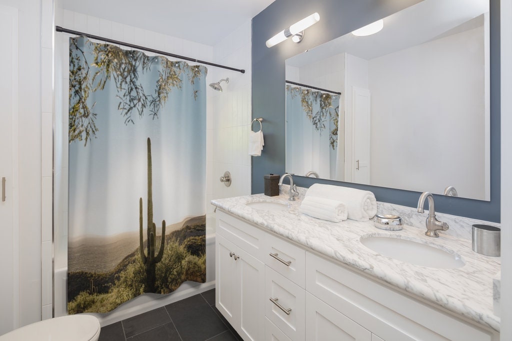 Get A Pop Of Blue With This Saguaro Cactus Desert Bathroom Shower Curtain - Image 2
