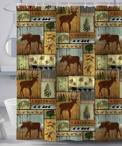 Get A Rustic Look With Moose Deer Camper Cabana Waterproof Fabric Curtain For Bathroom Decors.