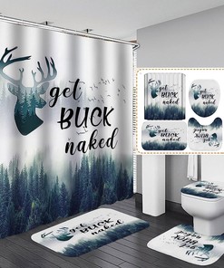 Get Buck Naked Deer Antler Shower Curtain With Funny Quote, Pine Tree Misty Forest Nature Scenery