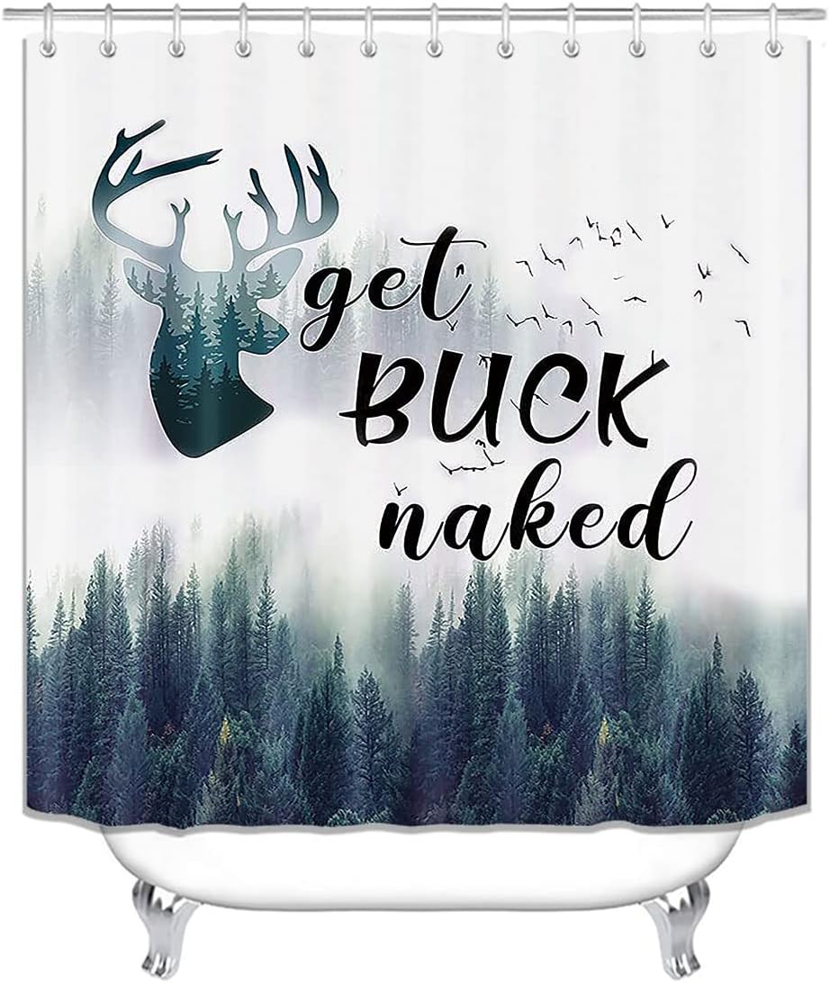Get Buck Naked Deer Antler Shower Curtain With Funny Quote, Pine Tree Misty Forest Nature Scenery - Image 2