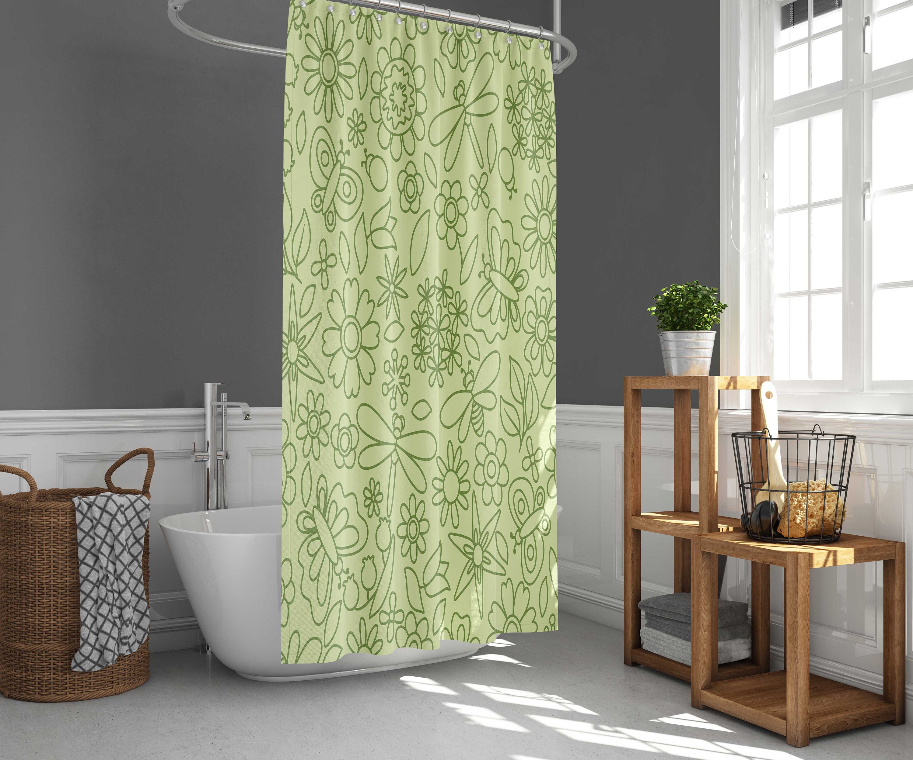 Get Lost In A Tropical Forest With This Graphic Floral Dragonfly Green Shower Curtain