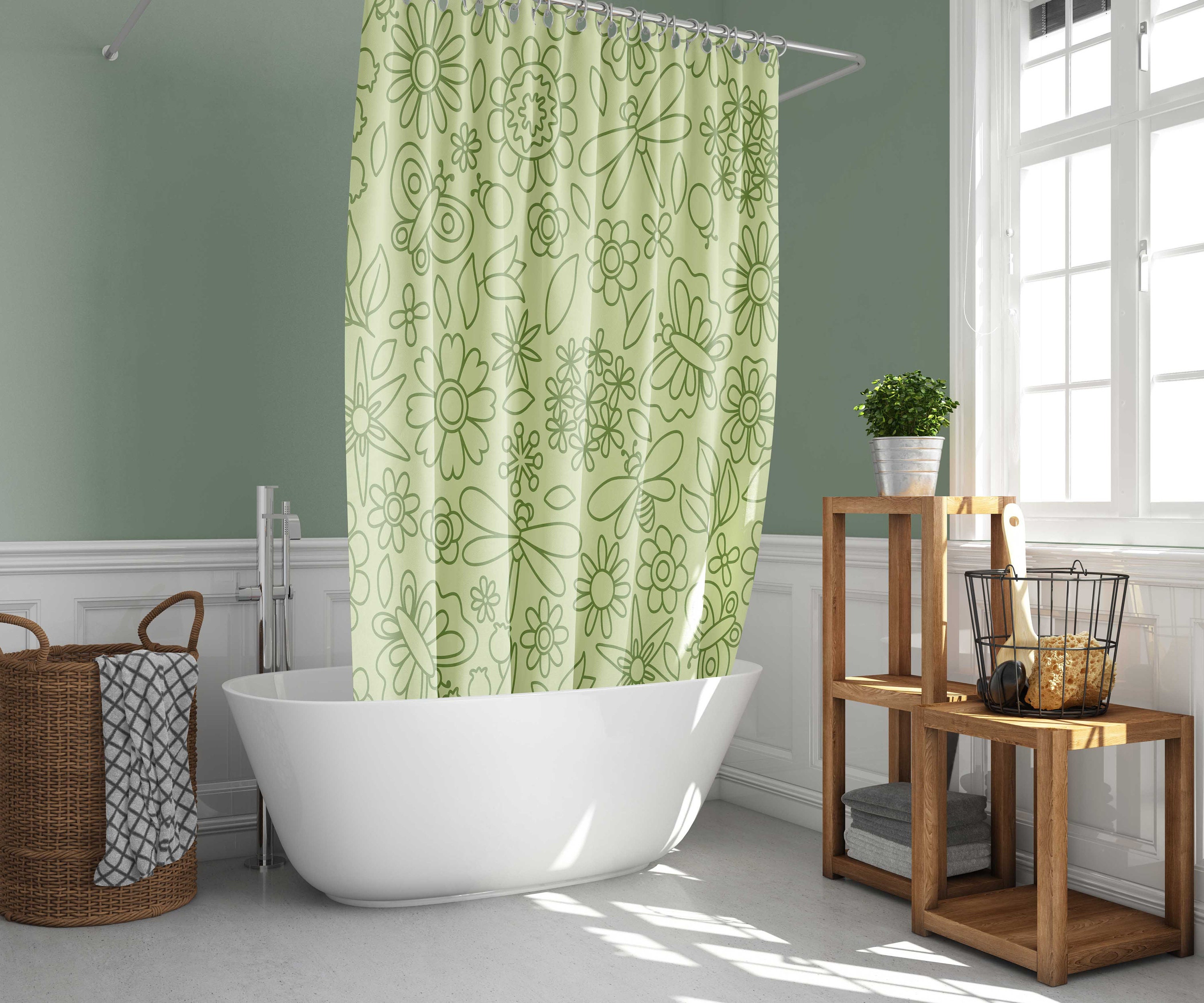 Get Lost In A Tropical Forest With This Graphic Floral Dragonfly Green Shower Curtain