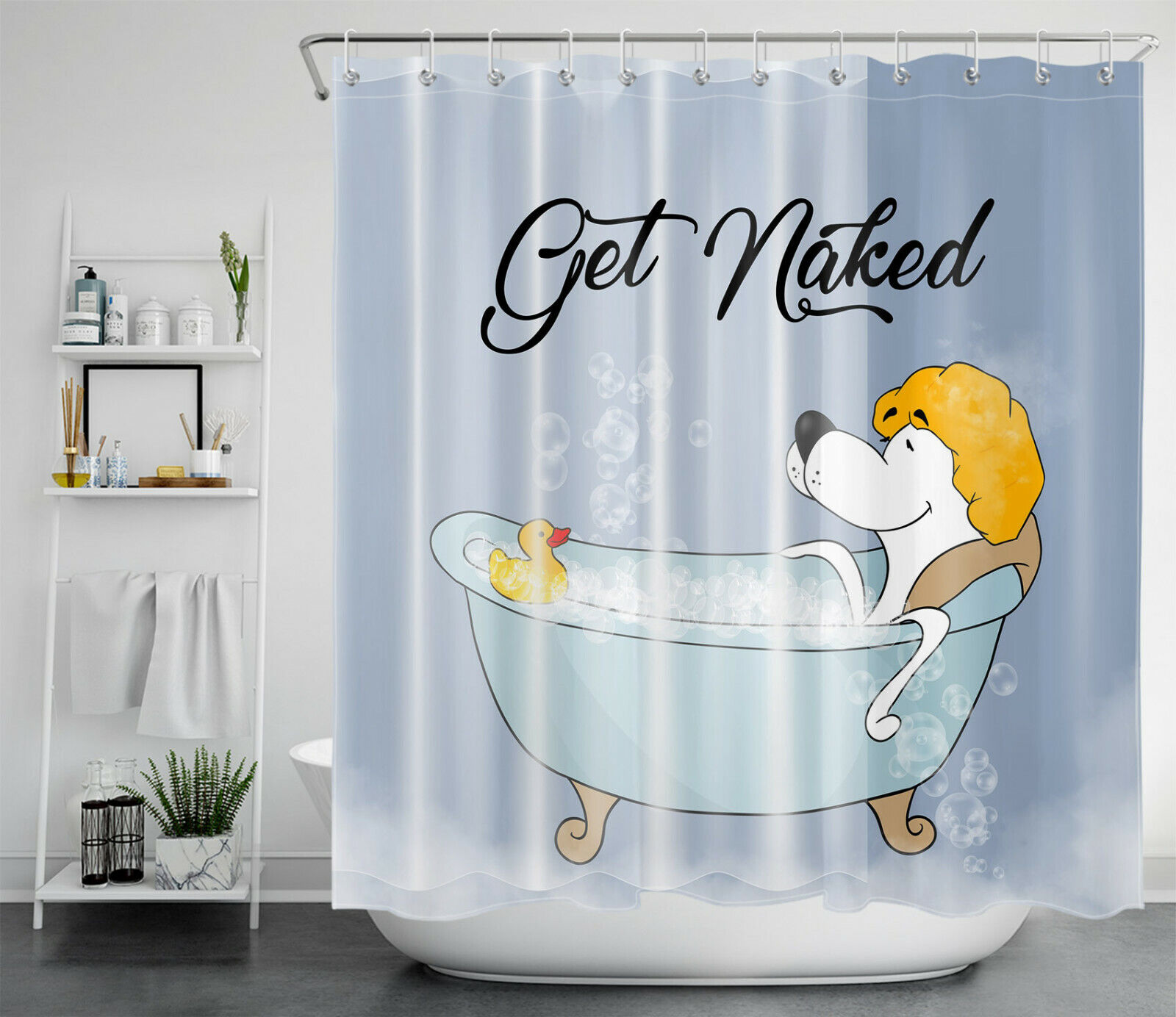 Get Naked Cartoon Bath Dog Funny Shower Curtain - Humorous Bathroom Accessory