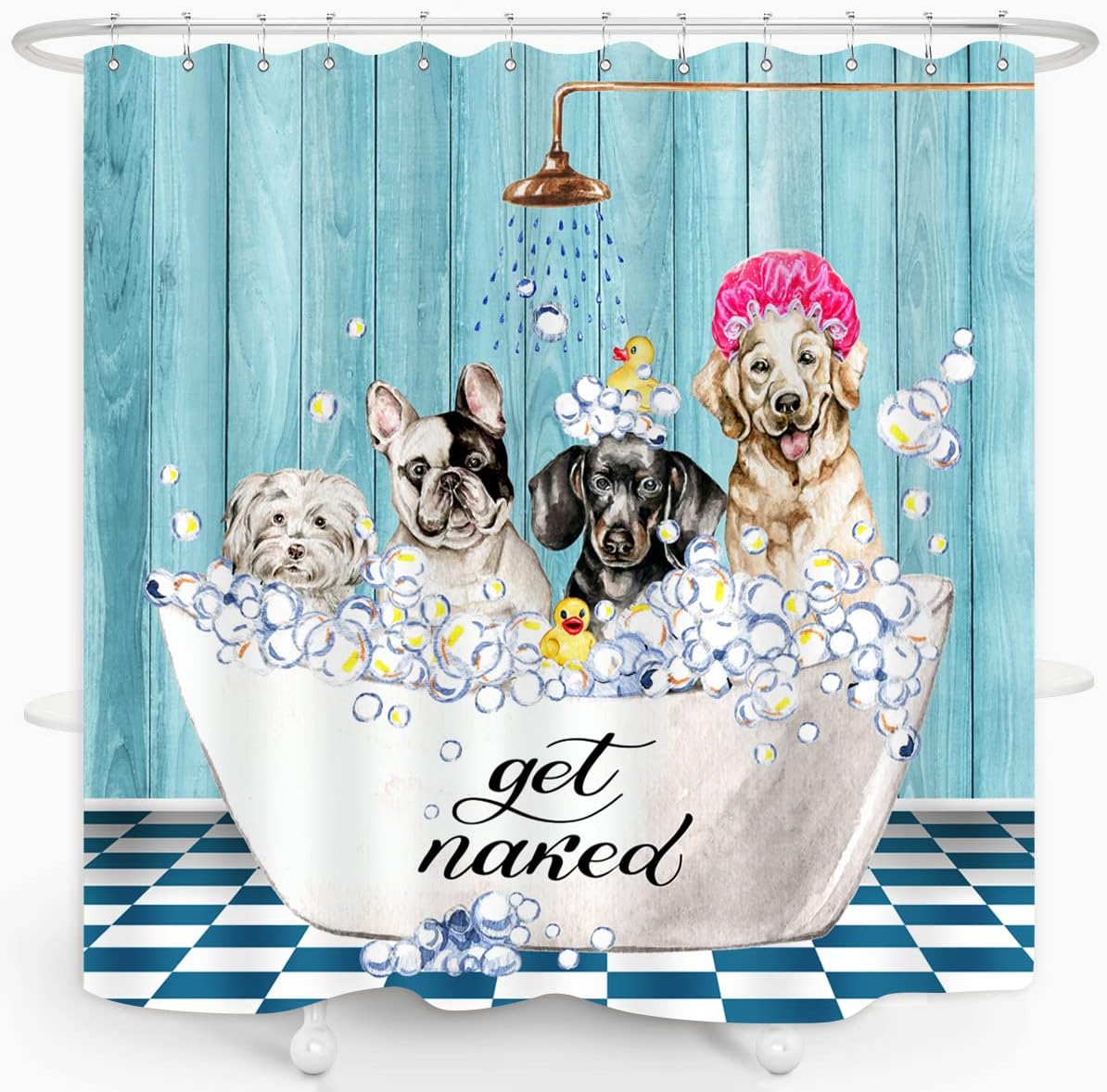 Get Naked Dog Turquoise Blue Wooden Rustic Vintage Country Bathroom Decor Funny Shower Curtain