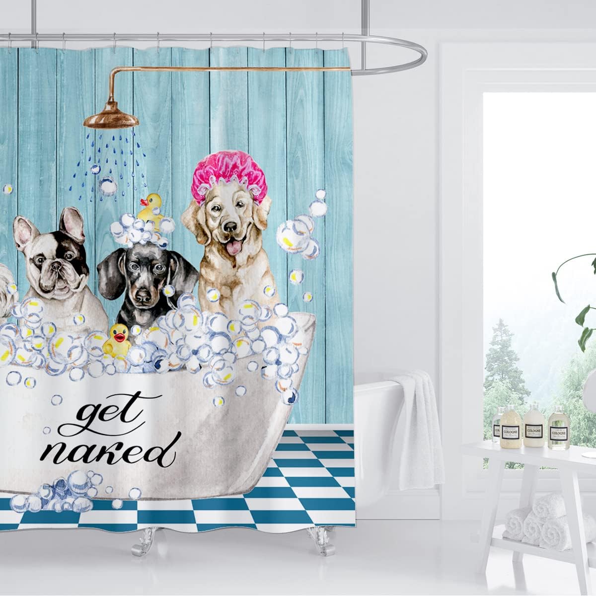 Get Naked Dog Turquoise Blue Wooden Rustic Vintage Country Bathroom Decor Funny Shower Curtain