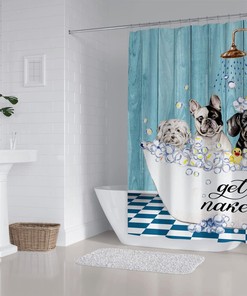 Get Naked Dog Turquoise Blue Wooden Rustic Vintage Country Bathroom Decor Funny Shower Curtain