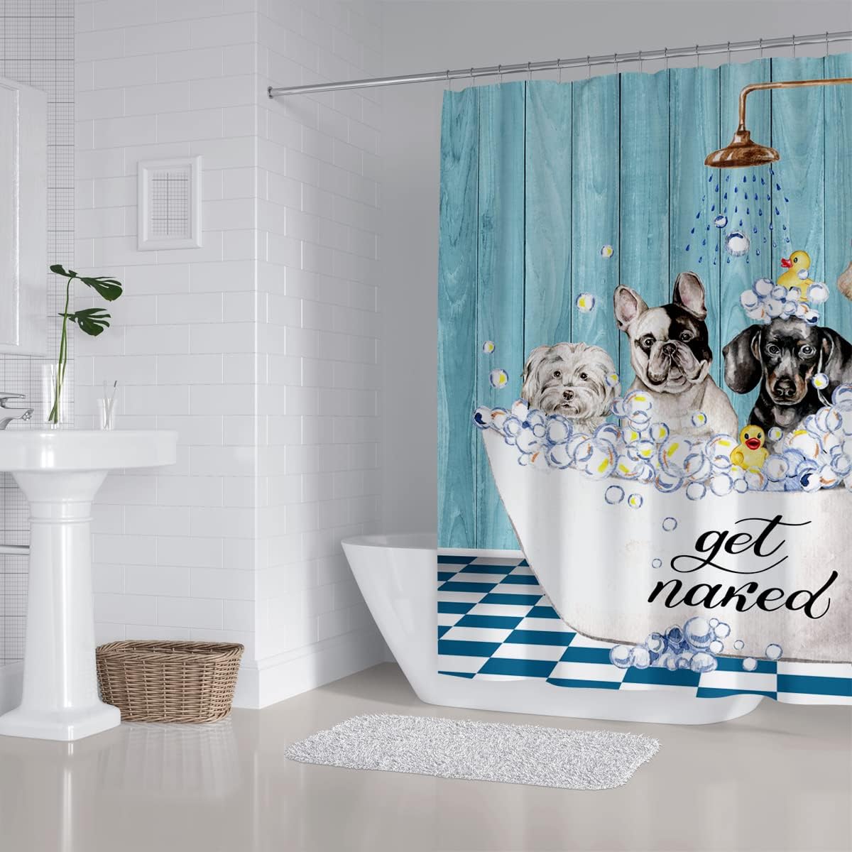 Get Naked Dog Turquoise Blue Wooden Rustic Vintage Country Bathroom Decor Funny Shower Curtain