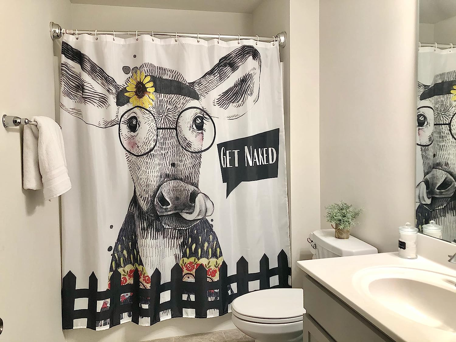 Get Naked Funny Cow Shower Curtain for Farmhouse Bathroom Decor