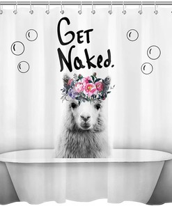 Get Naked Llama Shower Curtain with Pink Flowers for Bathroom Decor