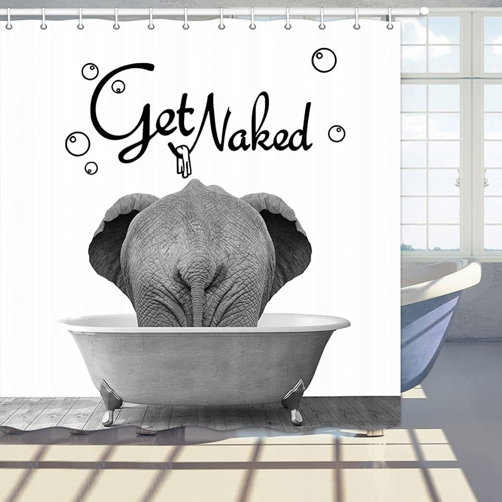 Get Naked Print Shower Curtain with Elephant Bathing in Bathtub Bathroom Decor for a fun and waterproof bathroom