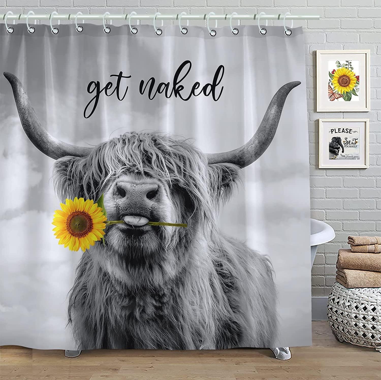 Get Naked Sunflower Field Highland Cow Printed Shower Curtain For Bathroom