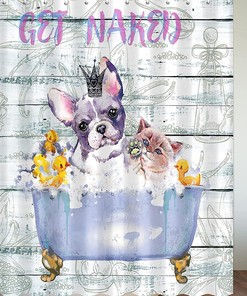 Get Naked Waterproof Fabric Shower Curtain with Dog and Cat for Pet Lovers