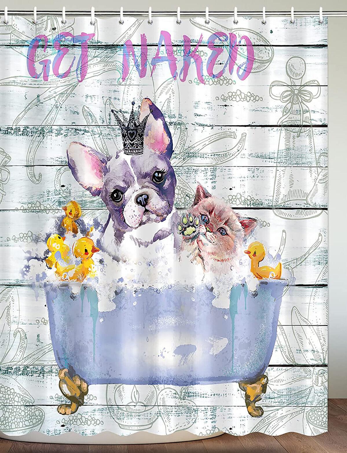 Get Naked Waterproof Fabric Shower Curtain with Dog and Cat for Pet Lovers