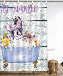 Get Naked Waterproof Fabric Shower Curtain with Dog and Cat for Pet Lovers