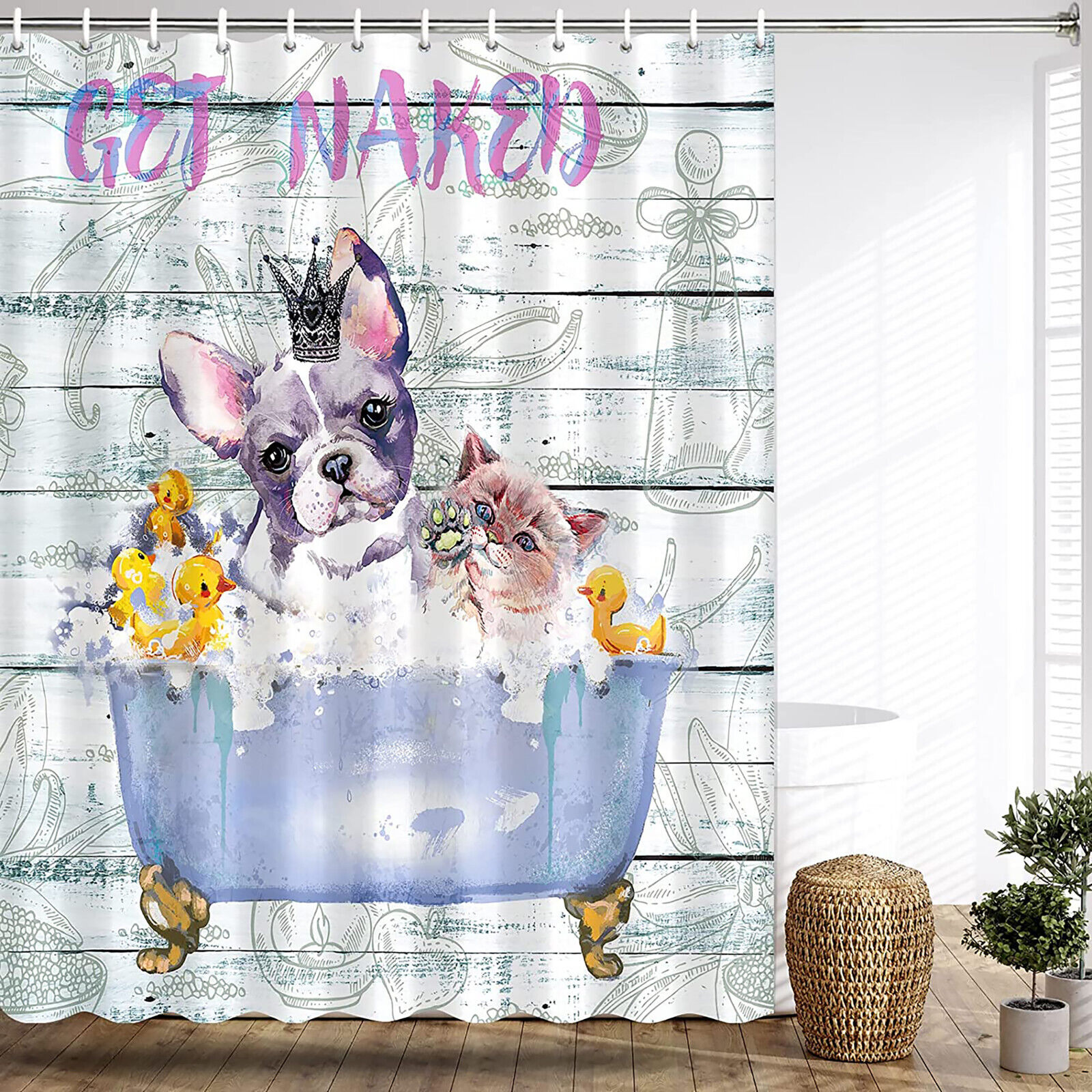 Get Naked Waterproof Fabric Shower Curtain with Dog and Cat for Pet Lovers