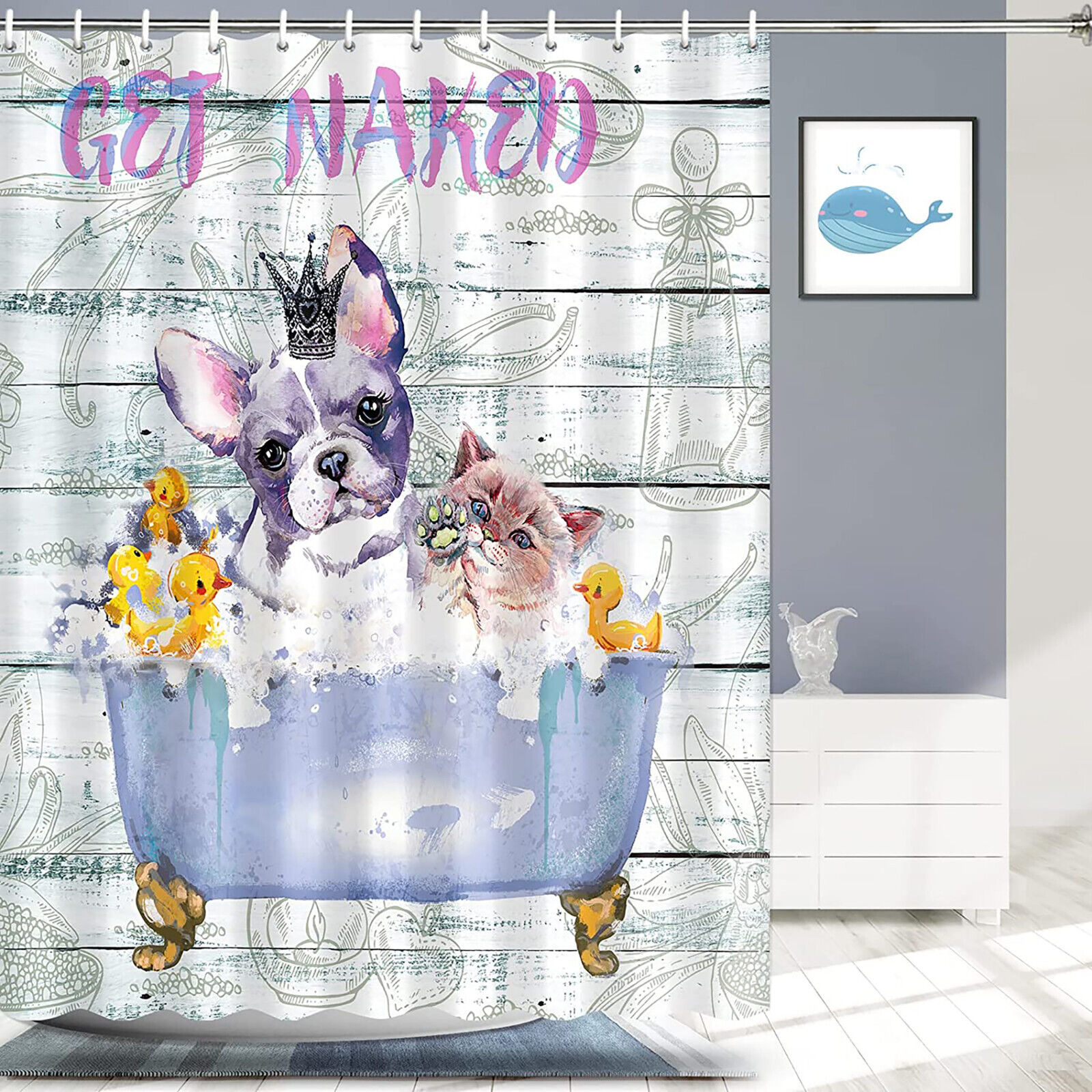 Get Naked Waterproof Fabric Shower Curtain with Dog and Cat for Pet Lovers