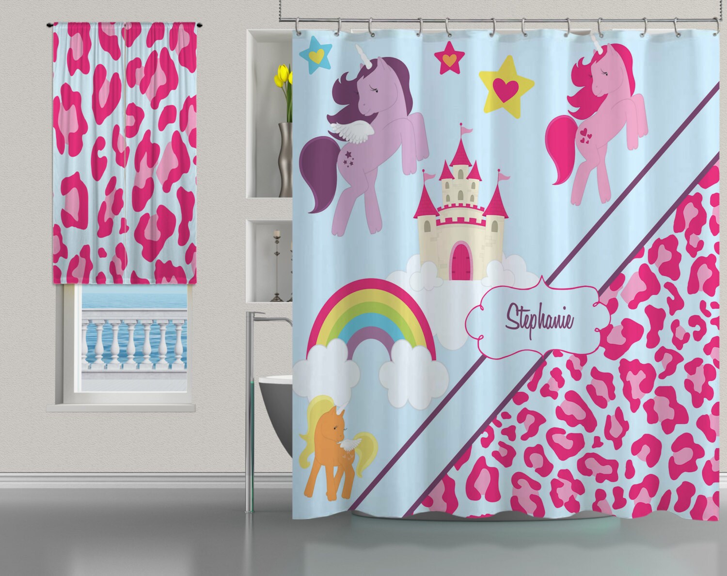 Get Playful with Monogrammed Cheetah Print Pony Shower Curtain - Perfect for Kids