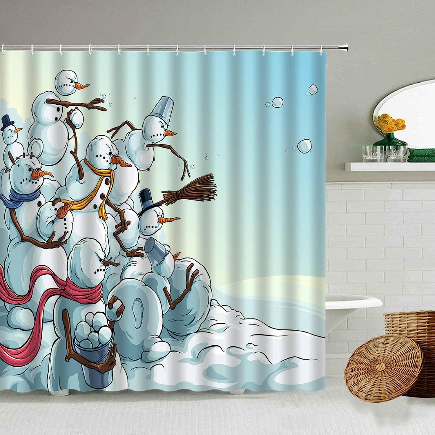 Get Ready For Winter With This Snowman And Snowflake Shower Curtain, Perfect For Any Bathroom