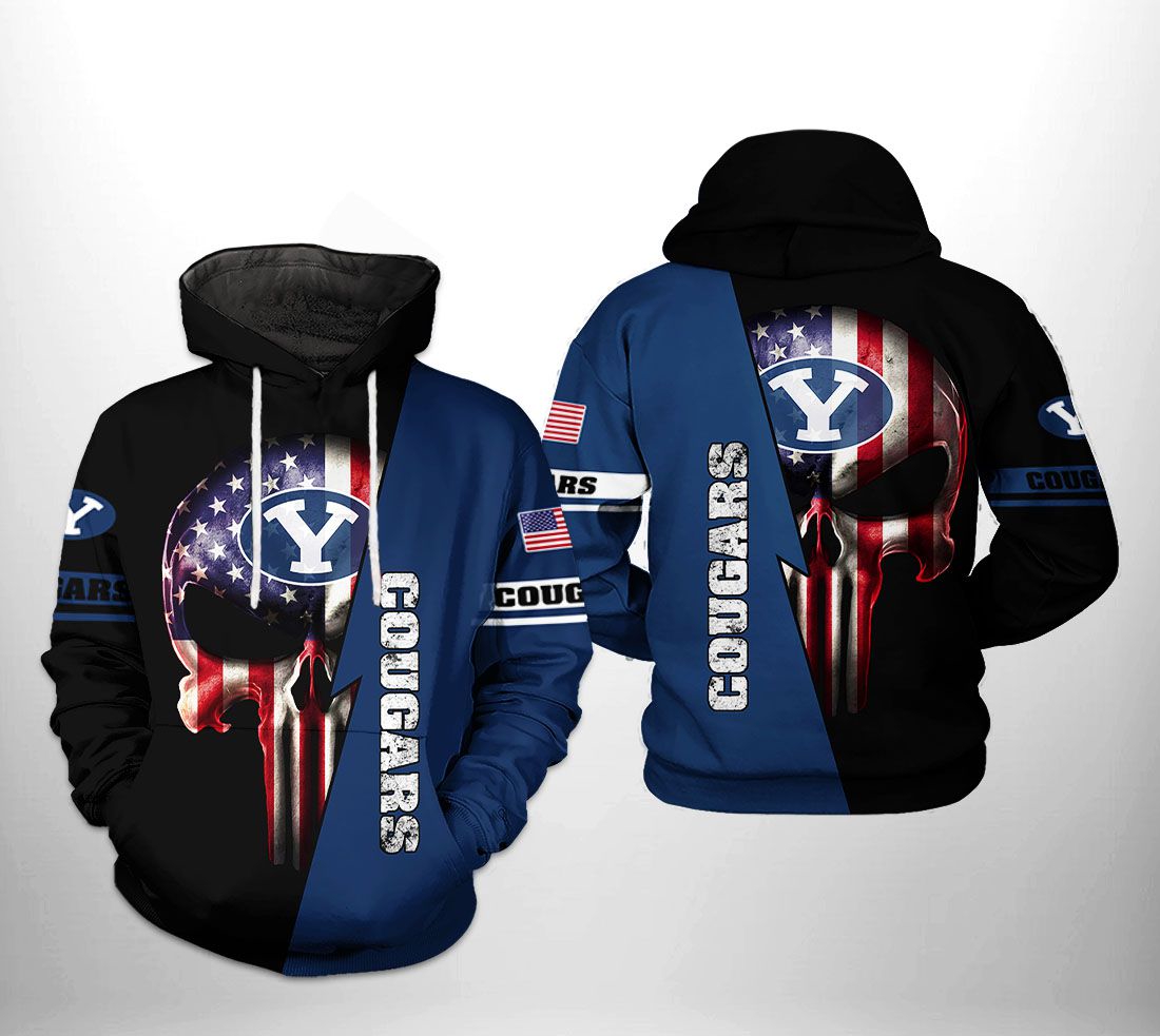 Get Spooky With Byu Cougars Us Flag Skull 3D All Over Print Zip Hoodie Gifts For Ncaa Fans