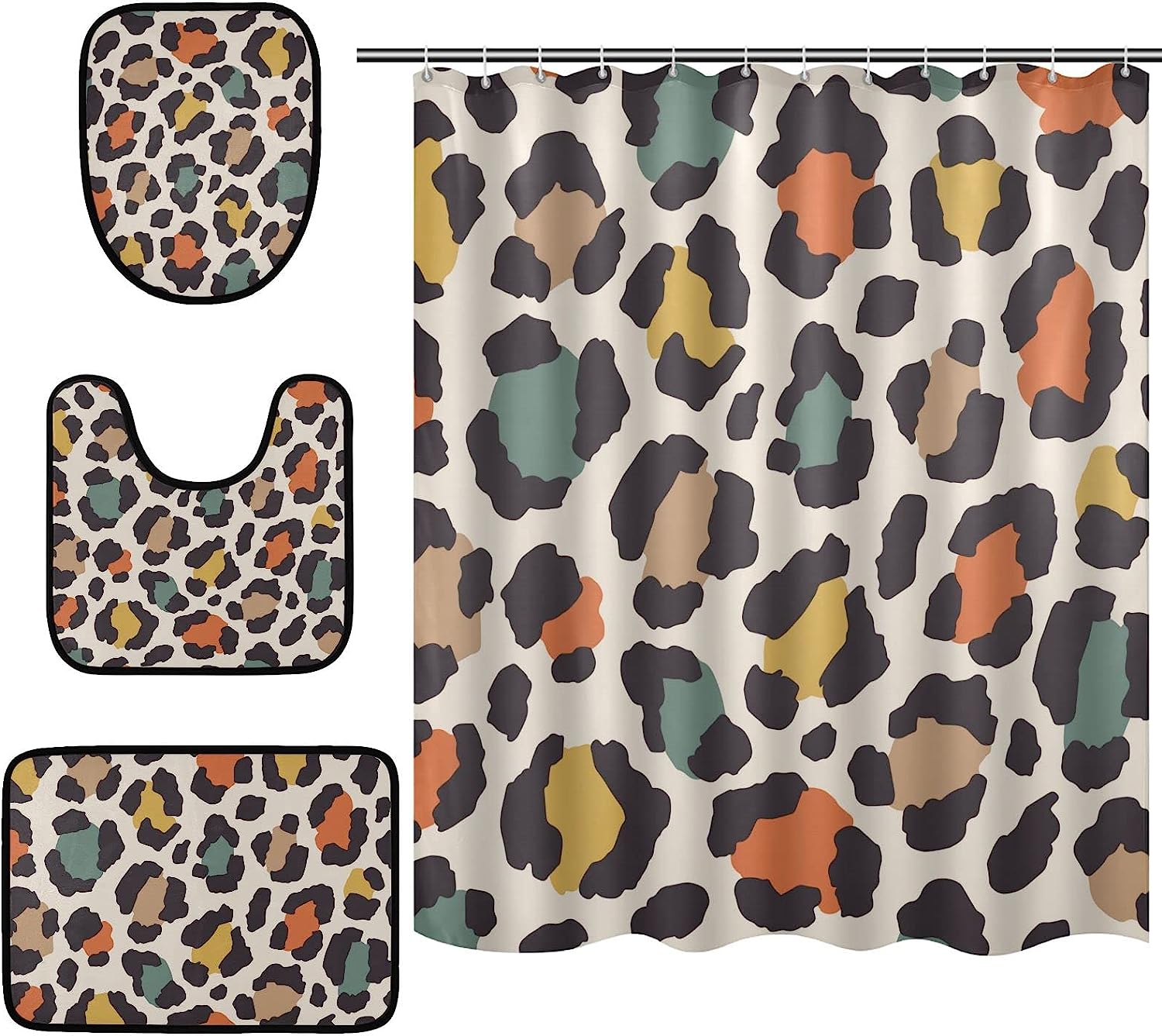 Get The Classic Look With Alaza Vintage Leopard Spot Bathroom Curtain And Mat Set.