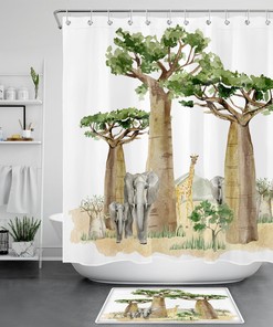 Get Up Close with Nature with Watercolor Green Tree African Wild Animal Shower Curtain for Bathroom Decor