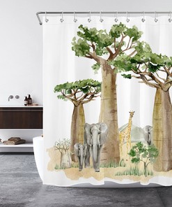 Get Up Close with Nature with Watercolor Green Tree African Wild Animal Shower Curtain for Bathroom Decor