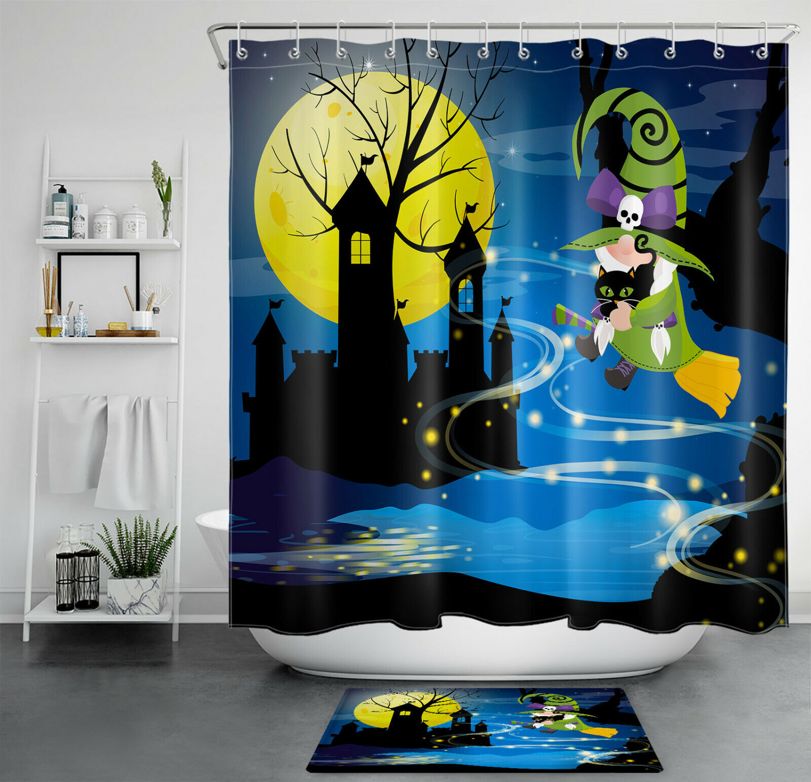 Ghost Castle And Skull Pumpkin Halloween Shower Curtain - Creepy Halloween Decor